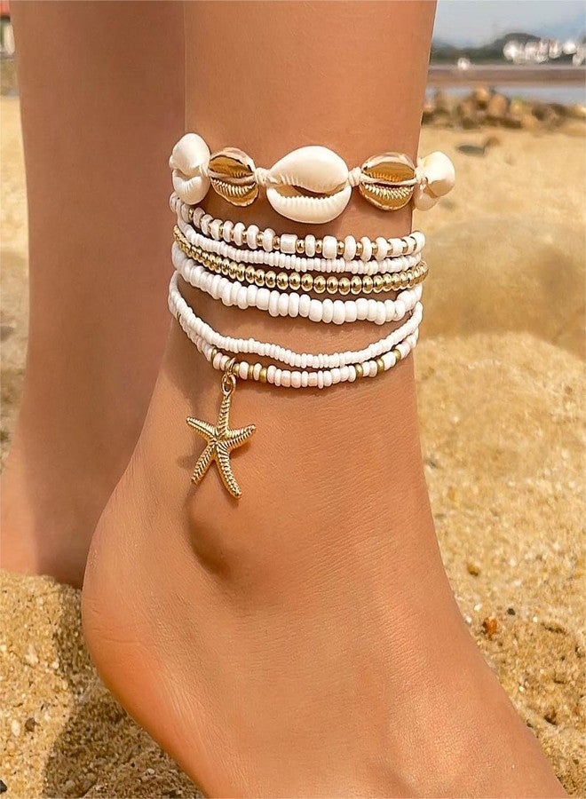 Xeyau Shell Anklets Bracelet for Women Waterproof Surfer Starfish Bracelet Puka Shell Anklet Colorful Boho Stack Stretch Bead Bracelet Set Hawaii Summer Beach Vacation Foot Jewelry (Gold) - Image 3